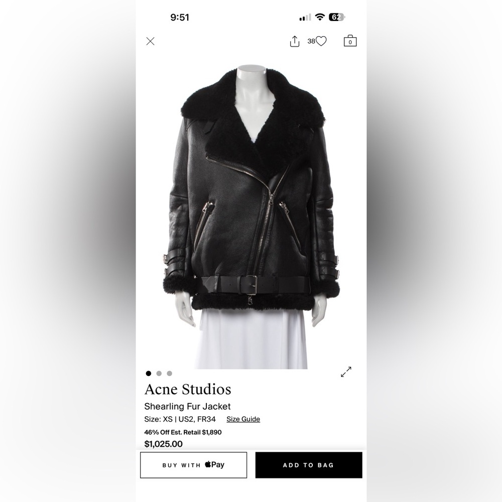 Acne Velocite Black Shearling Jacket Size 34. - Picture 15 of 15